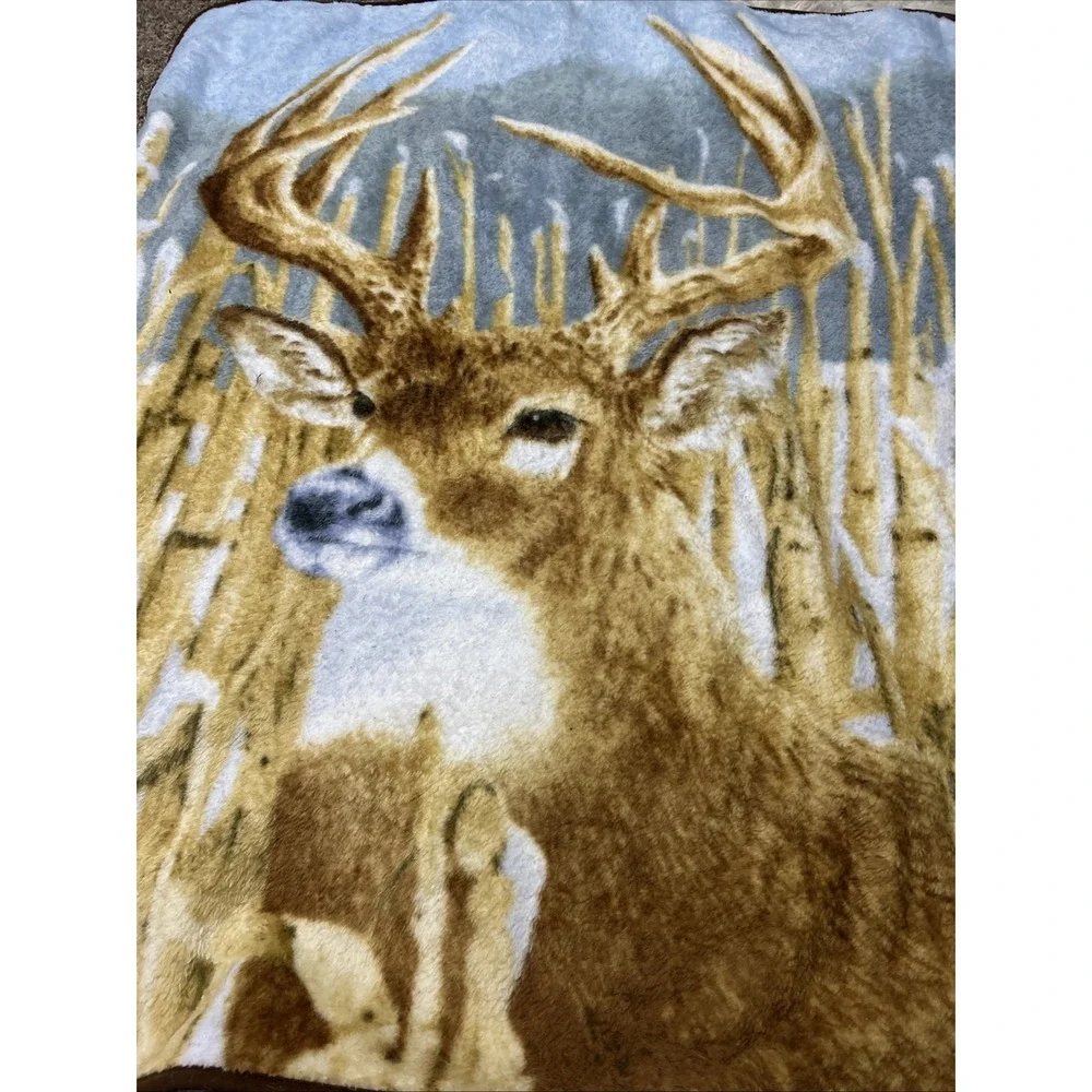 Deer Stag Buck Raschel Knit Fleece Blanket‎ Throw Winter Woodland Hunt Cabin